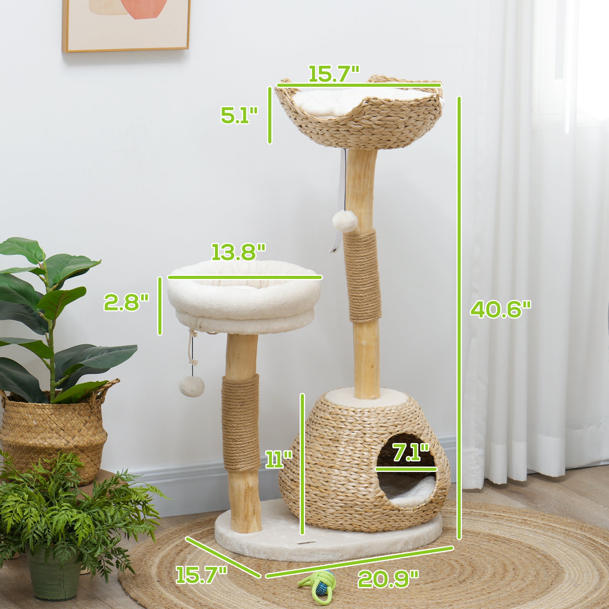 41" Natural Wood Cat Tree with Condo, Beds & Jute Scratching Posts