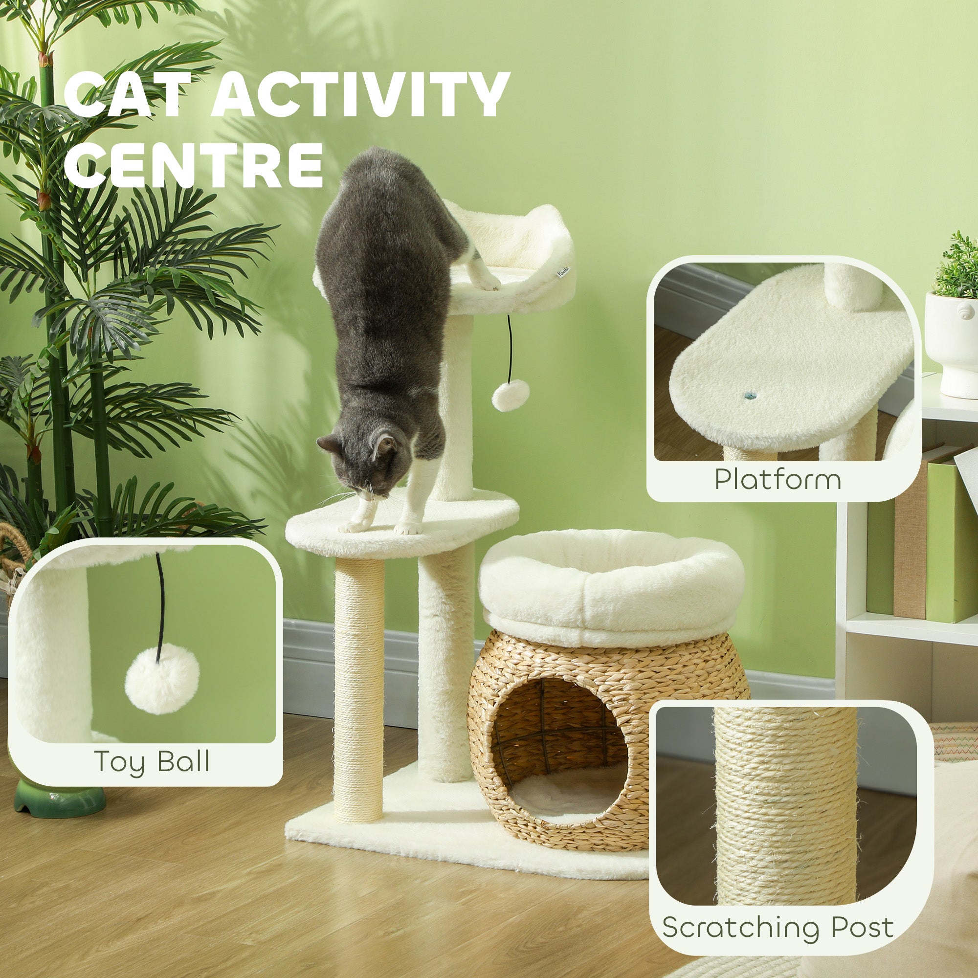 31" Cream White Cat Tree with Condo, Beds & Scratching Posts
