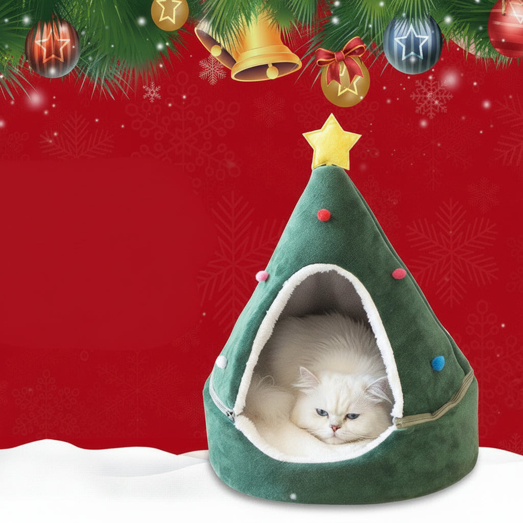 Christmas Tree Pet Cave Bed for Cats & Small Dogs