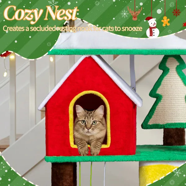 56" Christmas Cat Tree with Condo, Perch & Scratching Posts