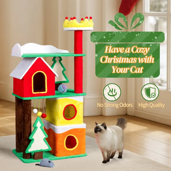 56" Christmas Cat Tree with Condo, Perch & Scratching Posts
