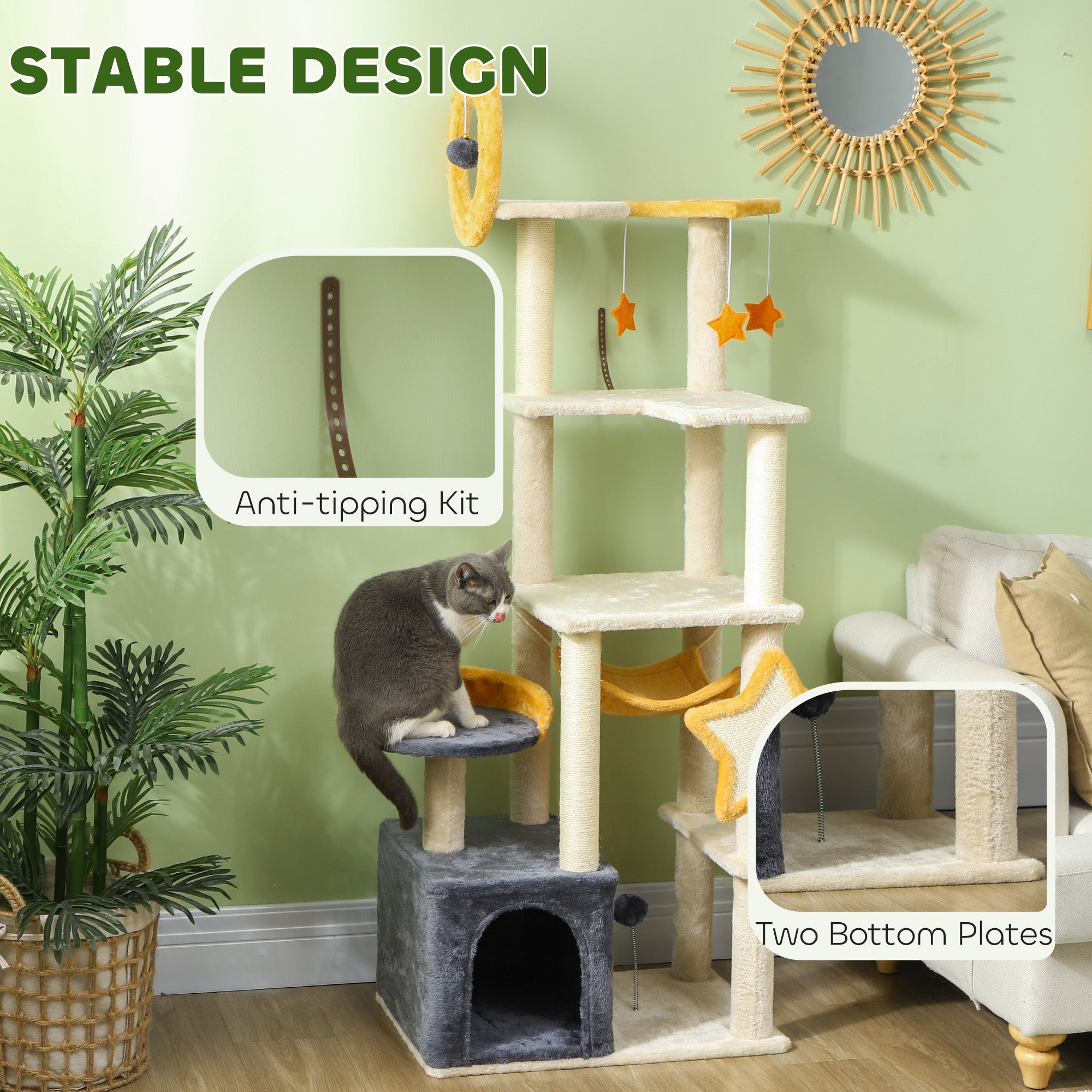 63" Moon & Star Cat Tree with Condo, Hammock & Bed