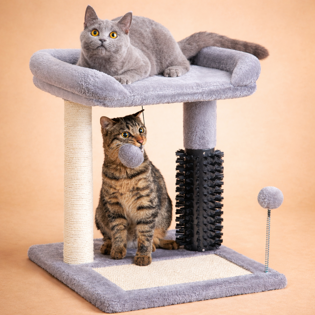 4-in-1 Cat Tree Tower with Grooming Brush & Scratch Pad