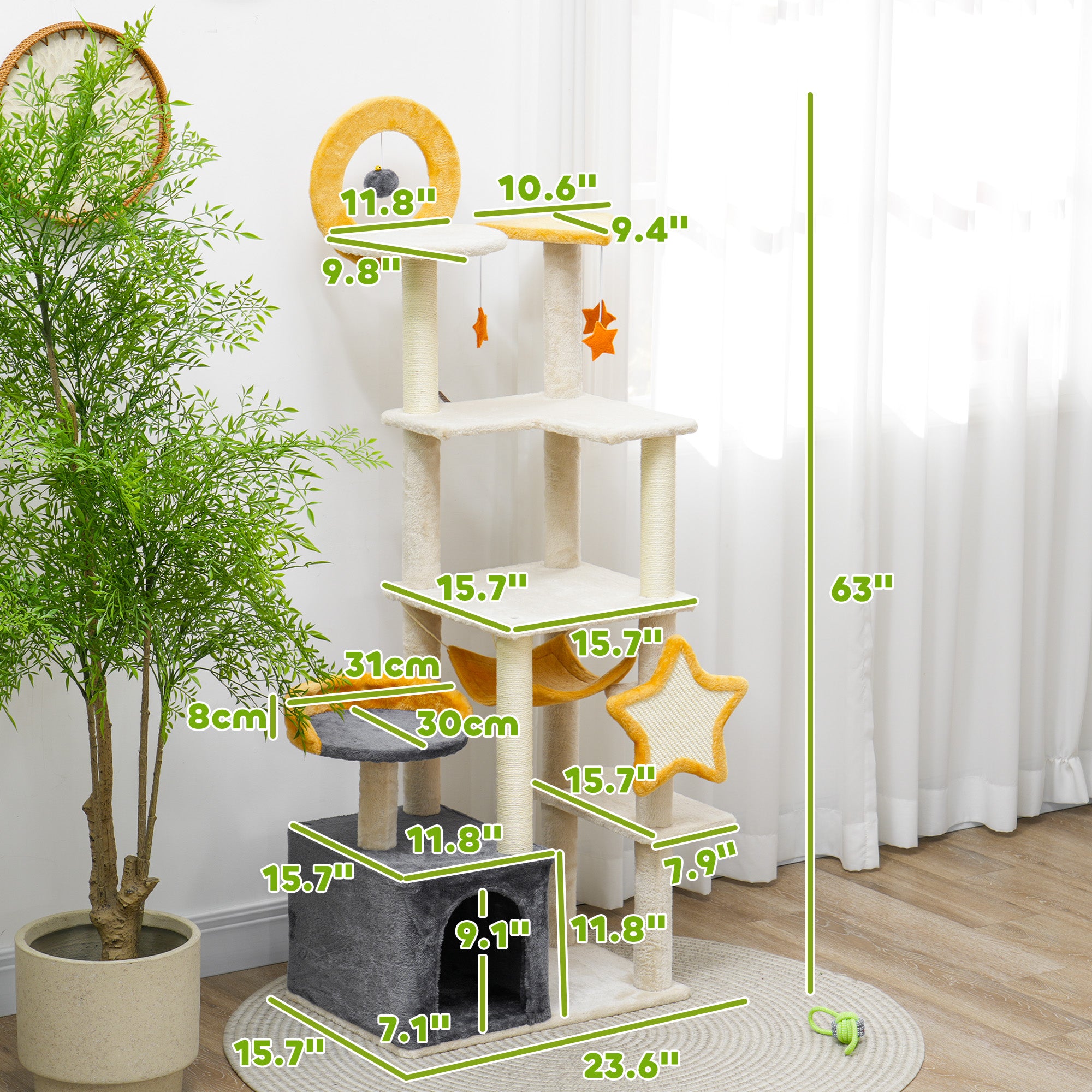 63" Moon & Star Cat Tree with Condo, Hammock & Bed