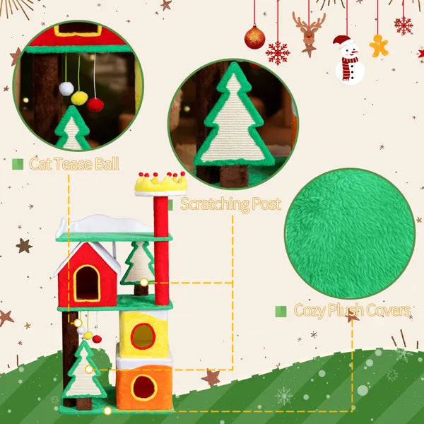 56" Christmas Cat Tree with Condo, Perch & Scratching Posts