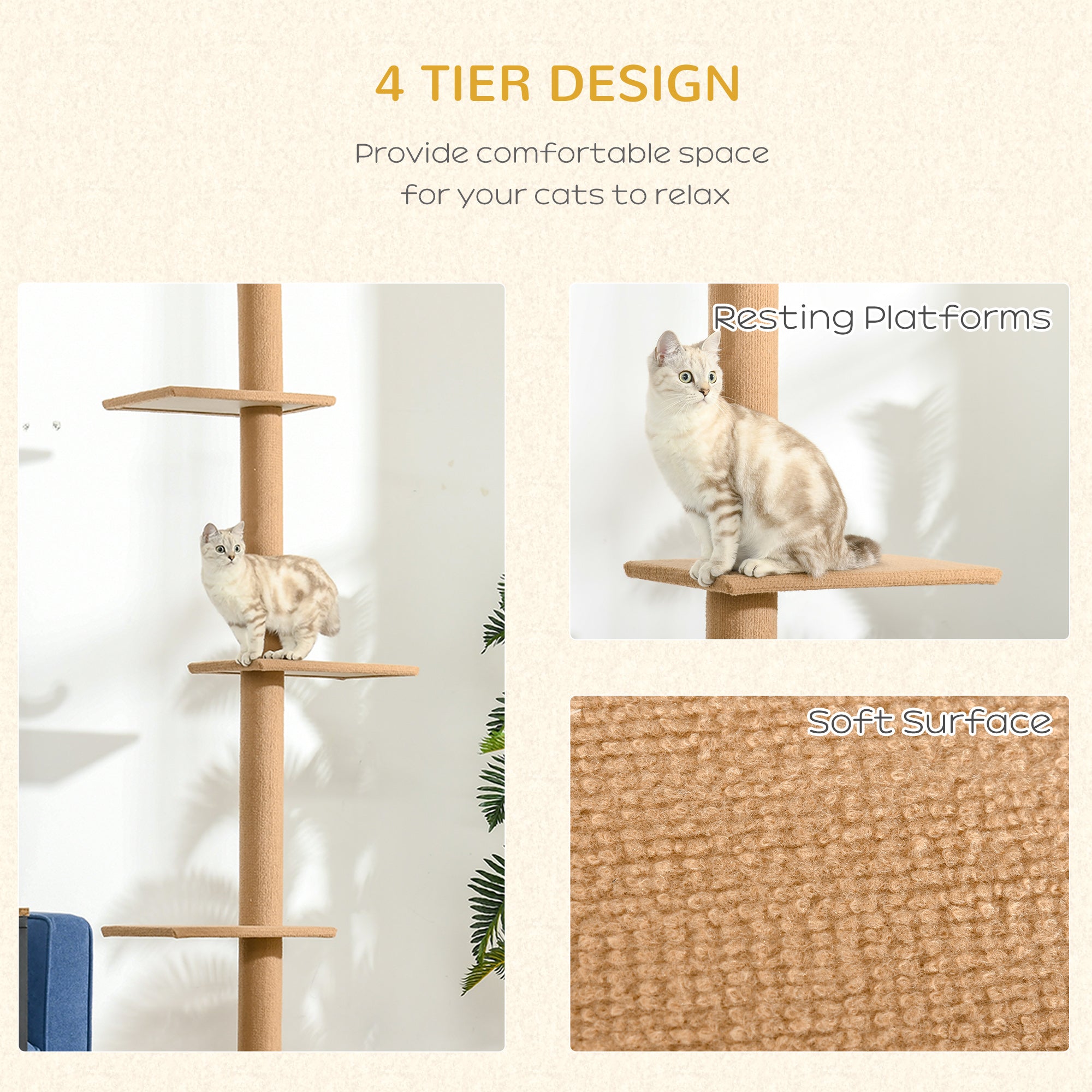 Floor-to-Ceiling Cat Tree with Scratching Post & 4 Platforms