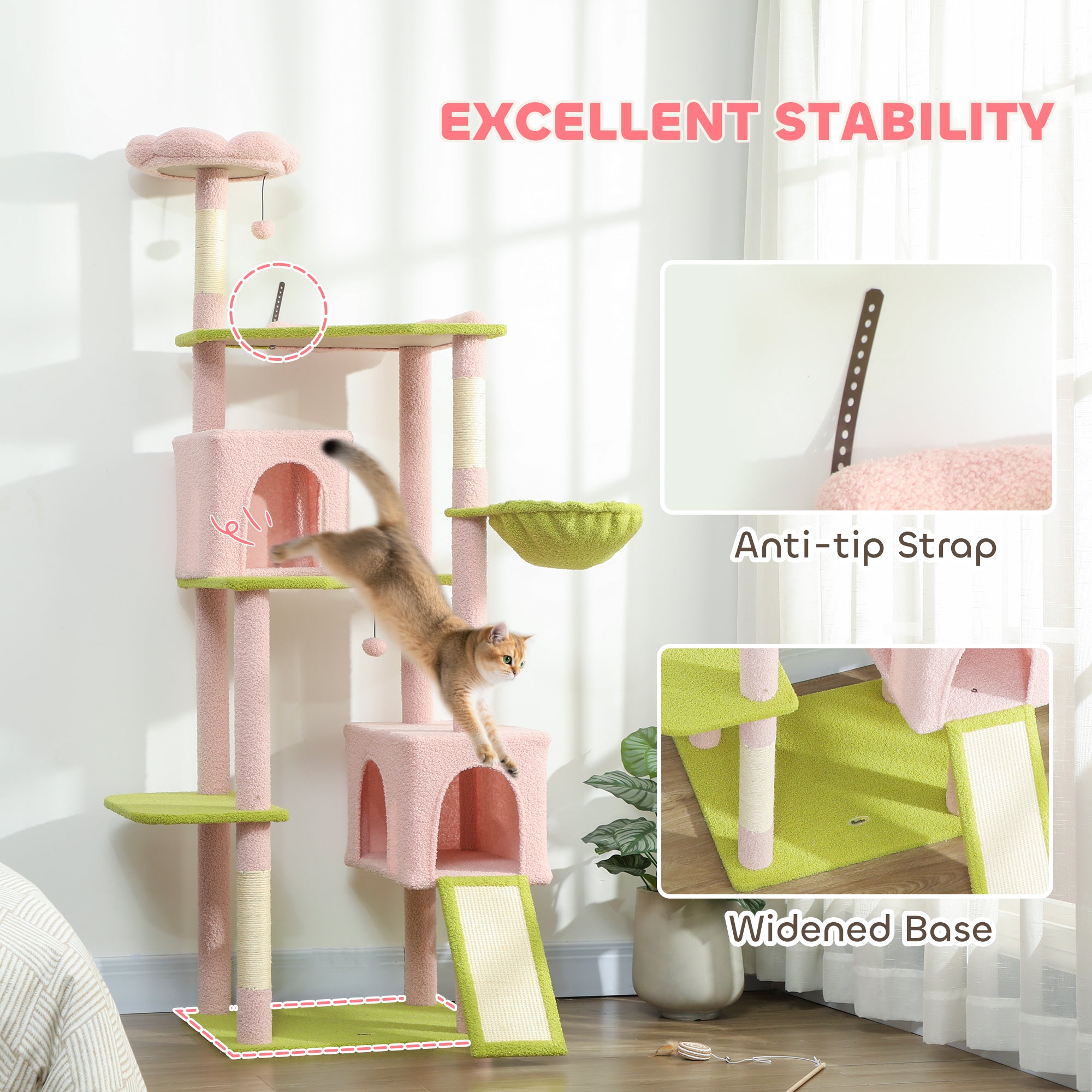 74-Inch Pink Flower Cat Tree with Hammock