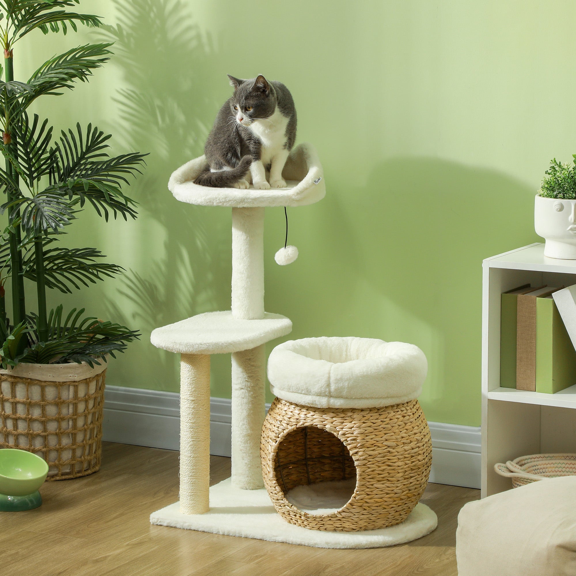 31" Cream White Cat Tree with Condo, Beds & Scratching Posts