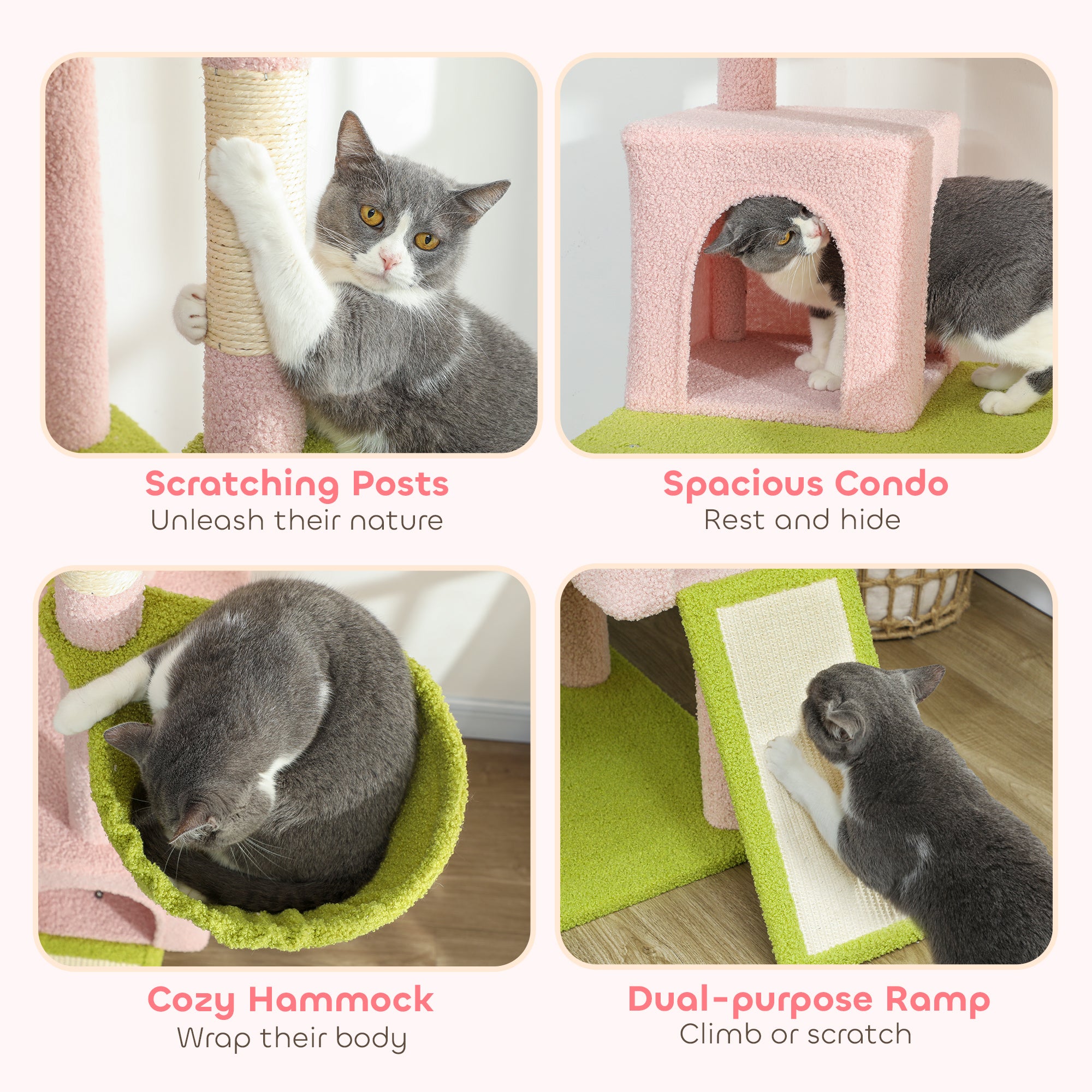 74" Flower Cat Tree with Condos, Hammock & Scratch Ramp