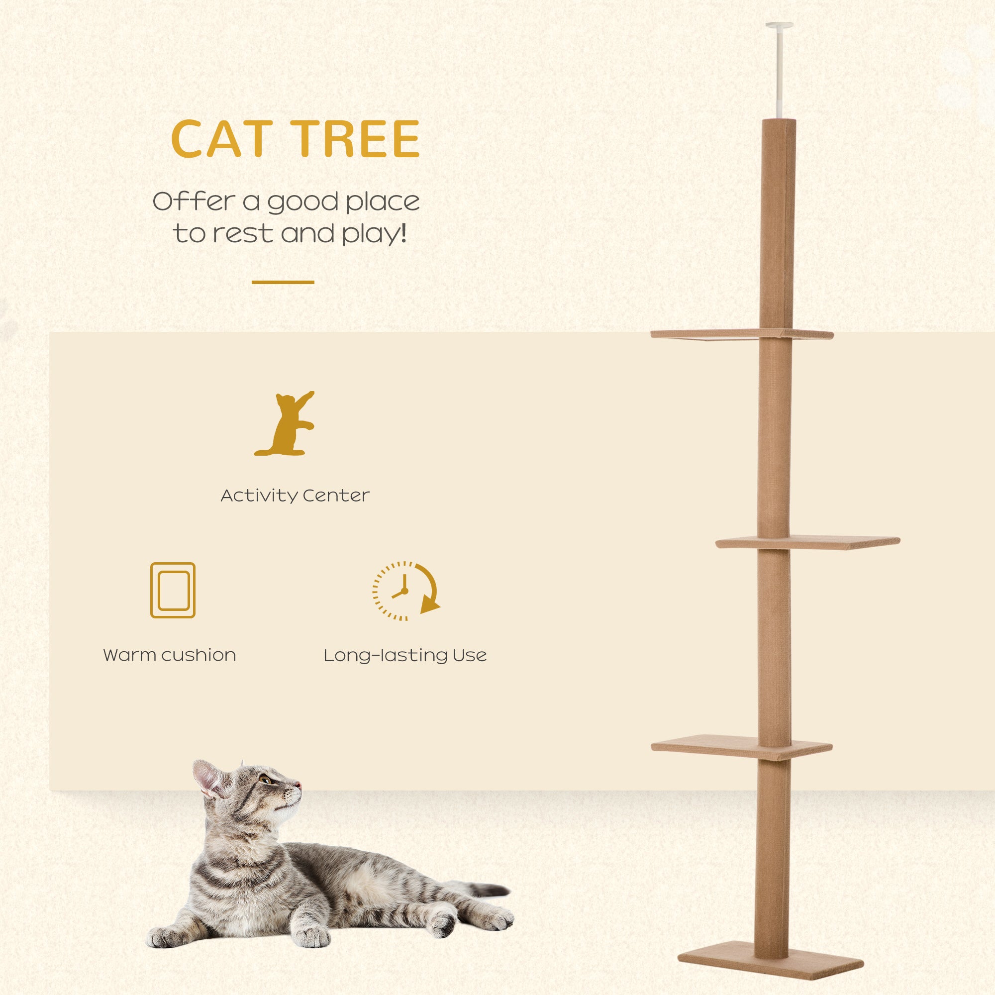 Floor-to-Ceiling Cat Tree with Scratching Post & 4 Platforms