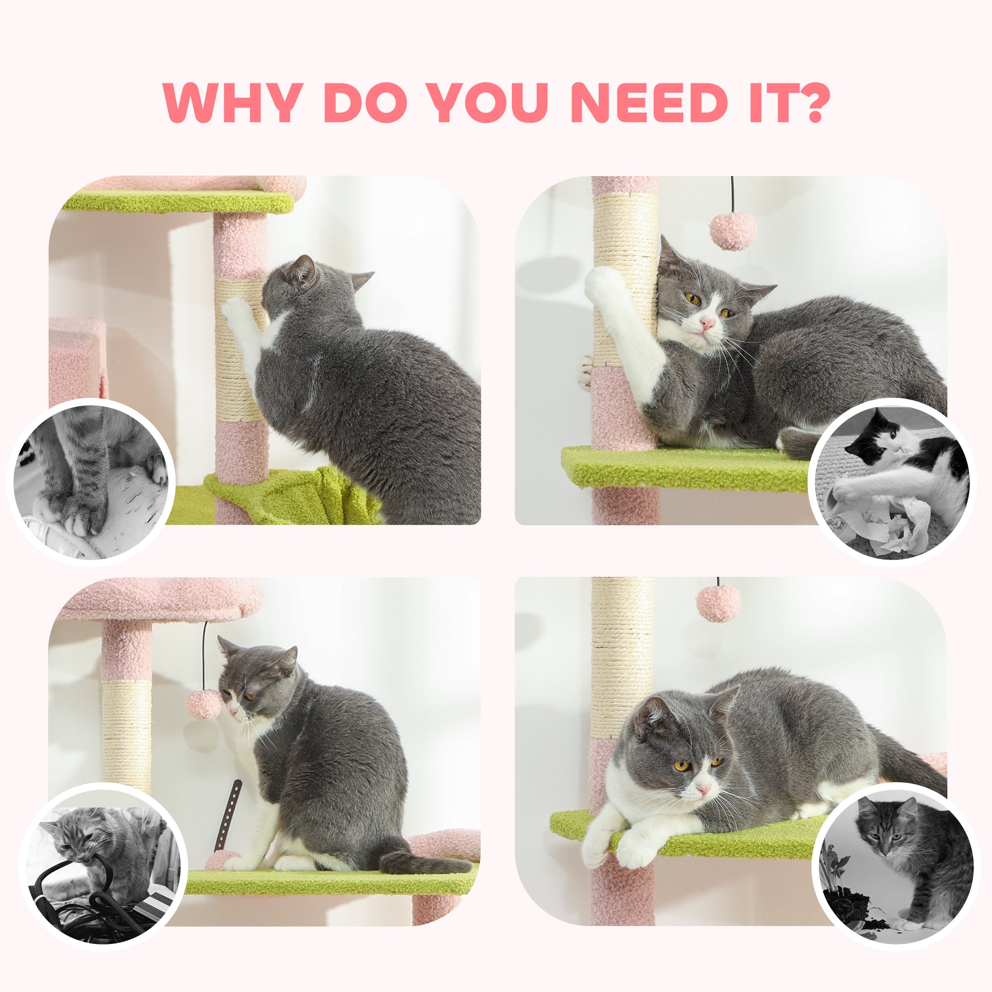 74-Inch Pink Flower Cat Tree with Hammock