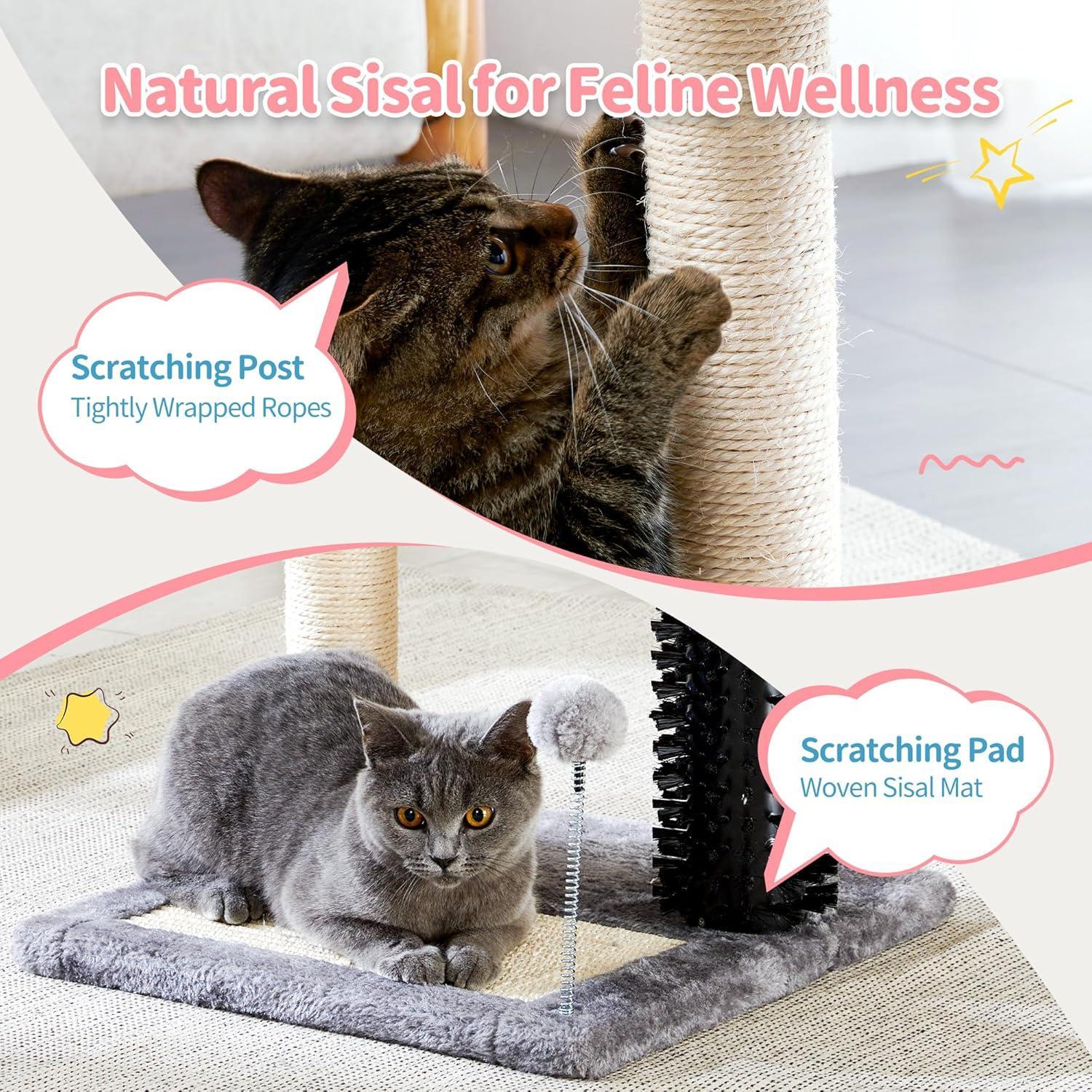 4-in-1 Cat Tree Tower with Grooming Brush & Scratch Pad