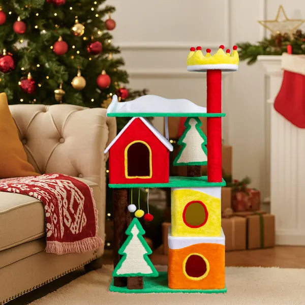 56" Christmas Cat Tree with Condo, Perch & Scratching Posts