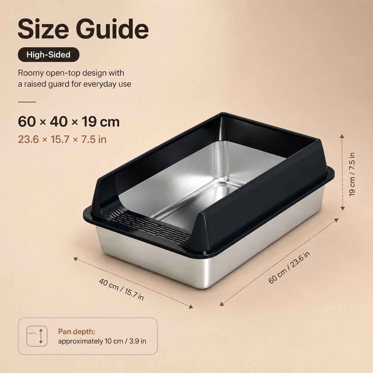 High-Sided Stainless Steel Cat Litter Box
