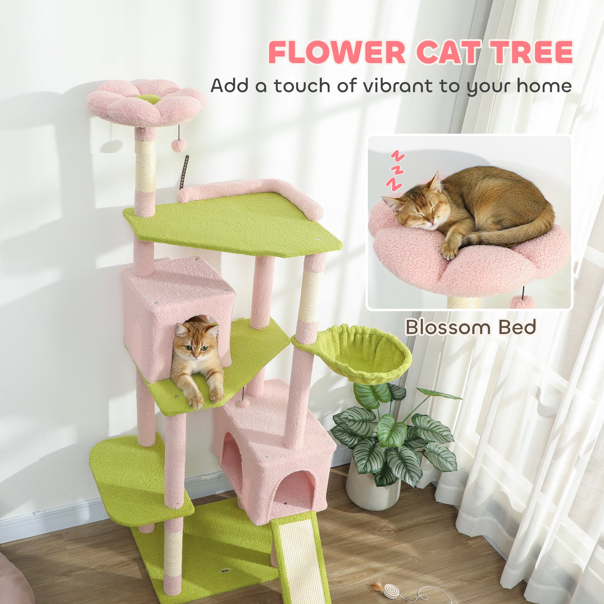 74" Flower Cat Tree with Condos, Hammock & Scratch Ramp