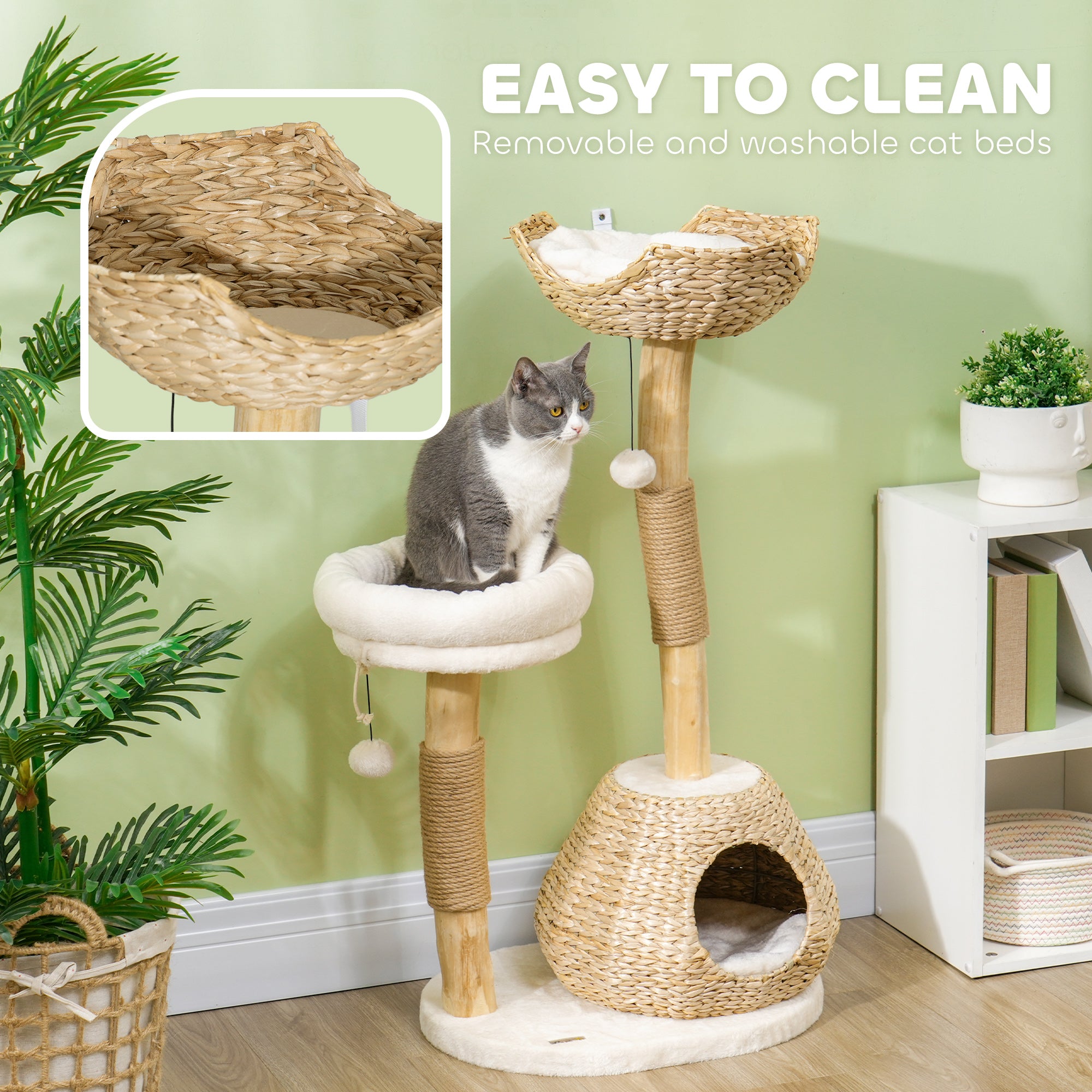 41" Natural Wood Cat Tree with Condo, Beds & Jute Scratching Posts