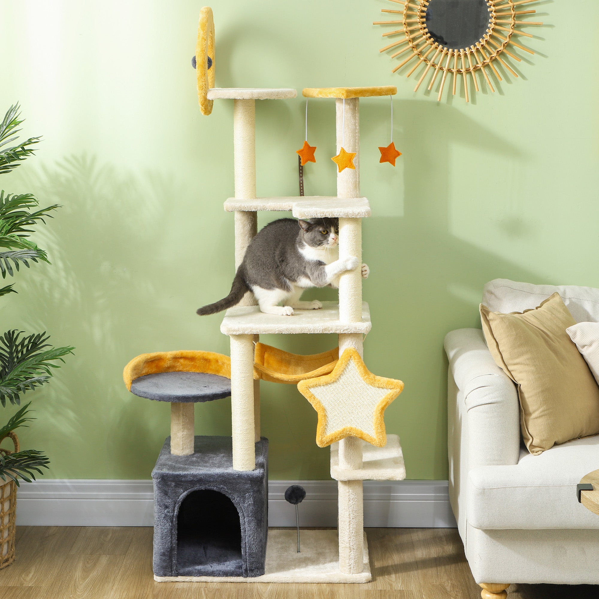 63" Moon & Star Cat Tree with Condo, Hammock & Bed