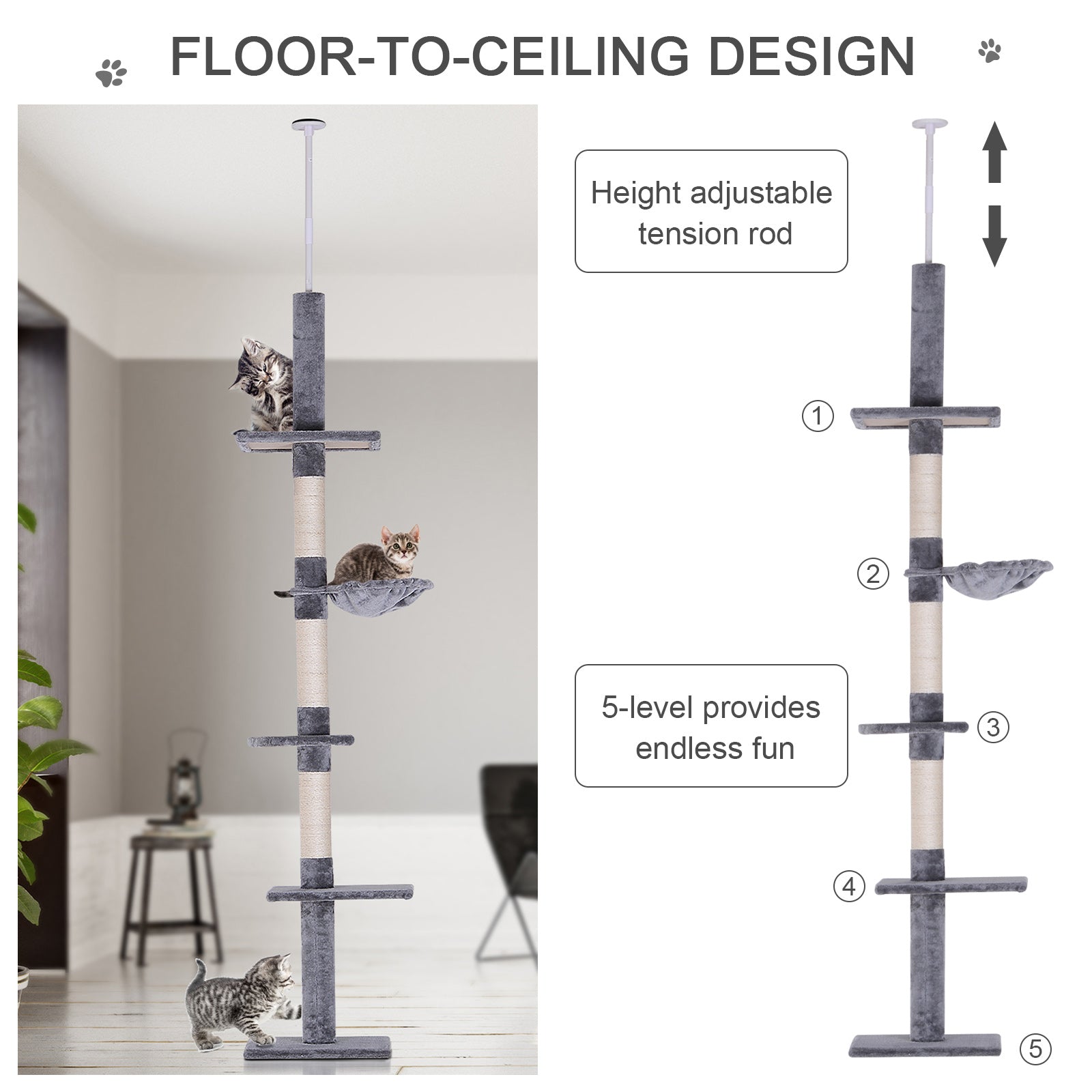 102" Floor-to-Ceiling Cat Tree with Hammock & 5 Levels