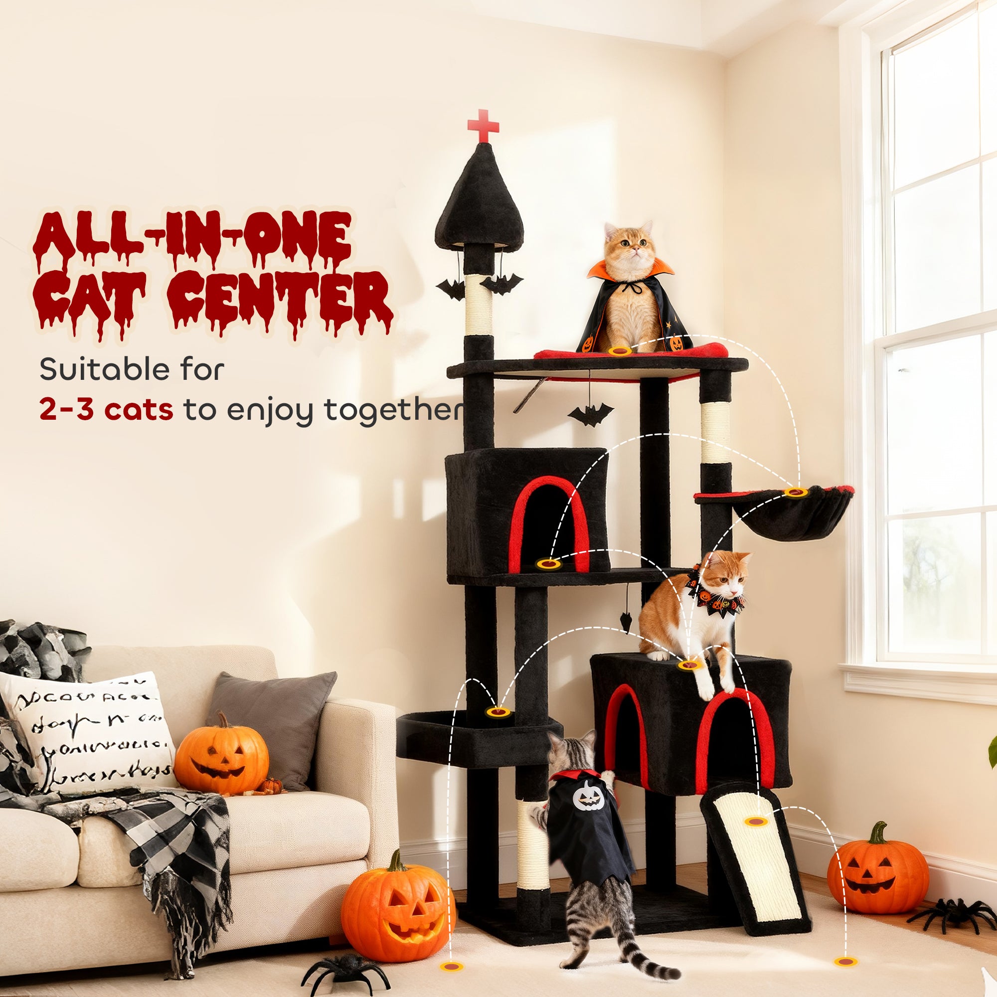 78" Gothic Cat Tree with Condos, Coffin Bed & Scratching Posts