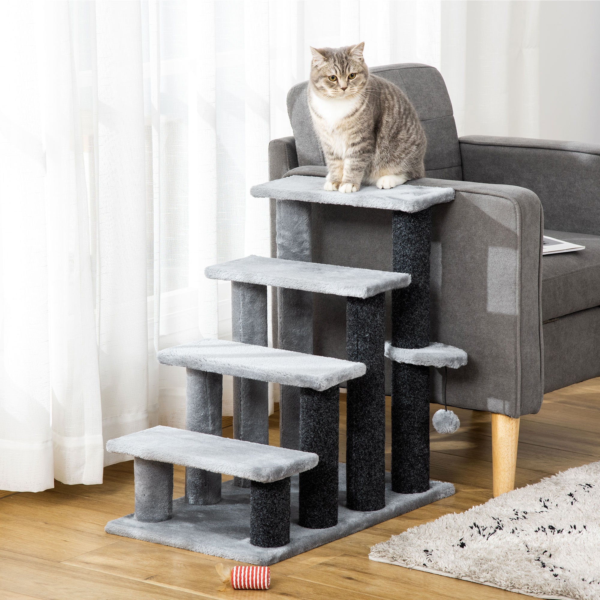 4-Step Cat Stairs with Scratching Posts, Perch & Pom-Pom Toy