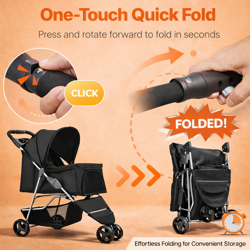 Foldable Pet Stroller with Quick Fold & Storage Basket