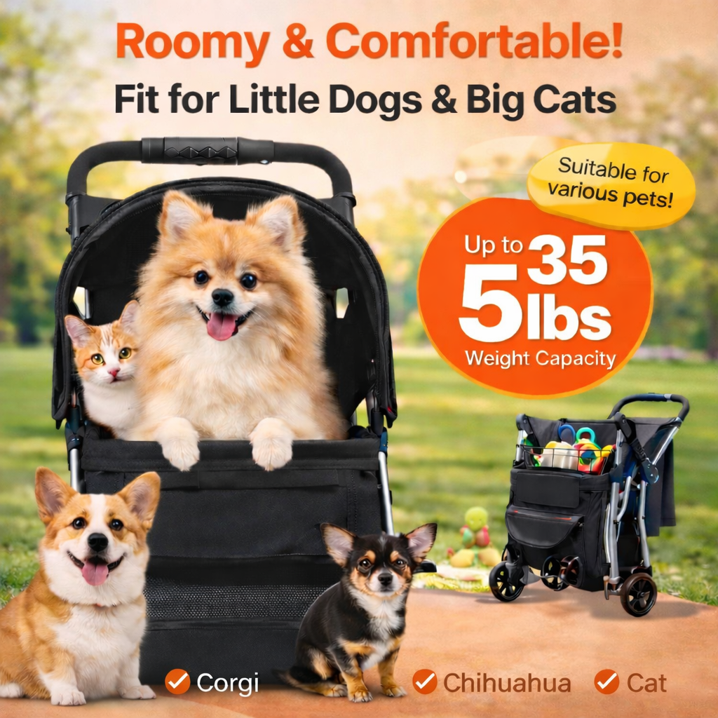 Foldable Pet Stroller with Quick Fold & Storage Basket