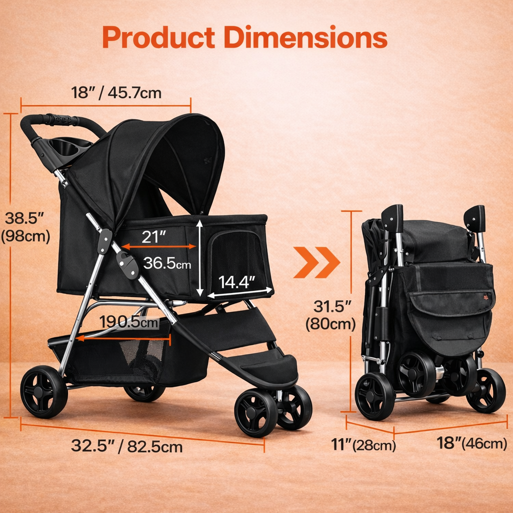 Foldable Pet Stroller with Quick Fold & Storage Basket