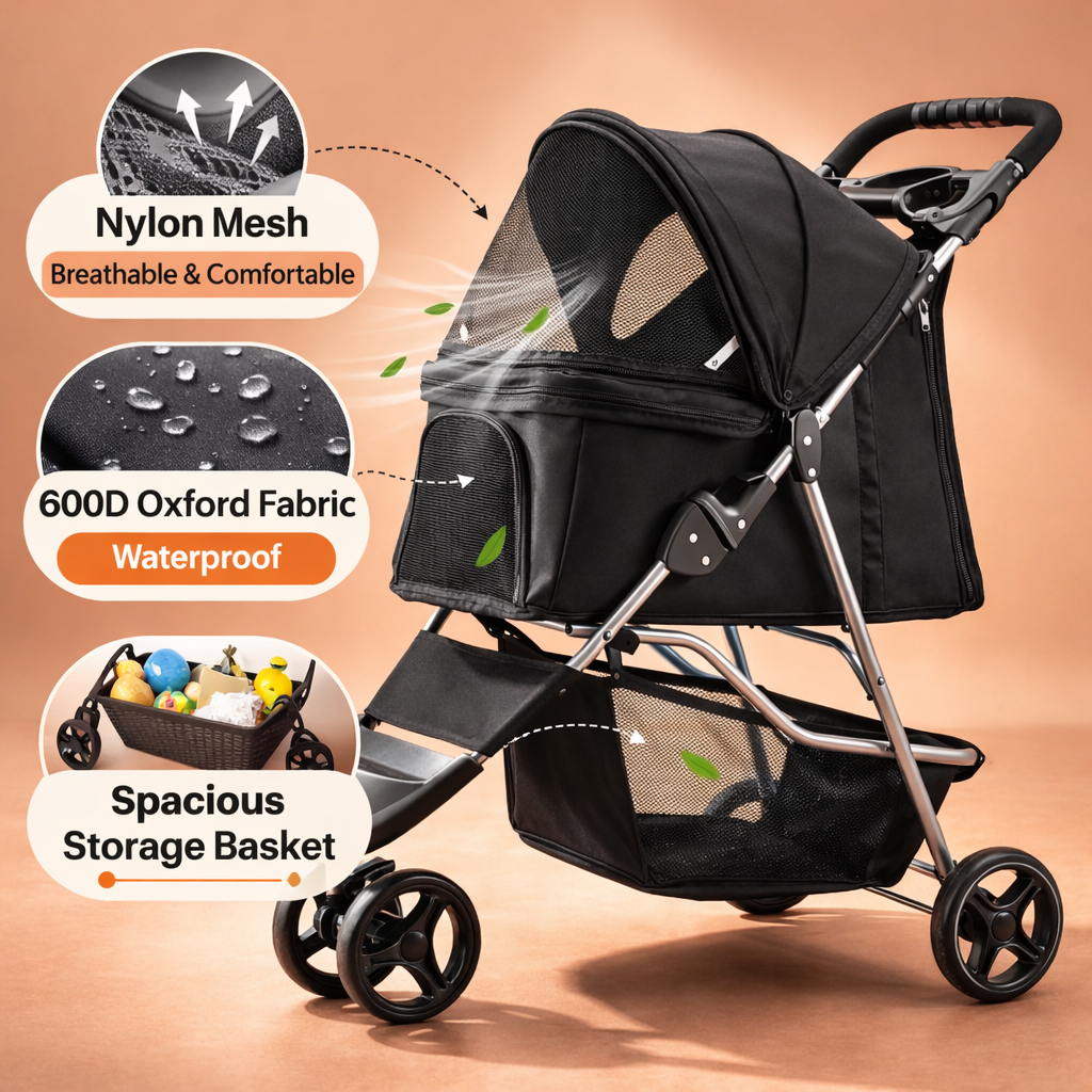 Foldable Pet Stroller with Quick Fold & Storage Basket