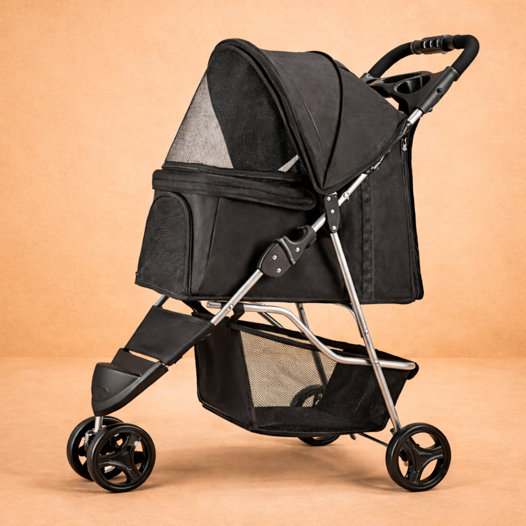 Foldable Pet Stroller with Quick Fold & Storage Basket